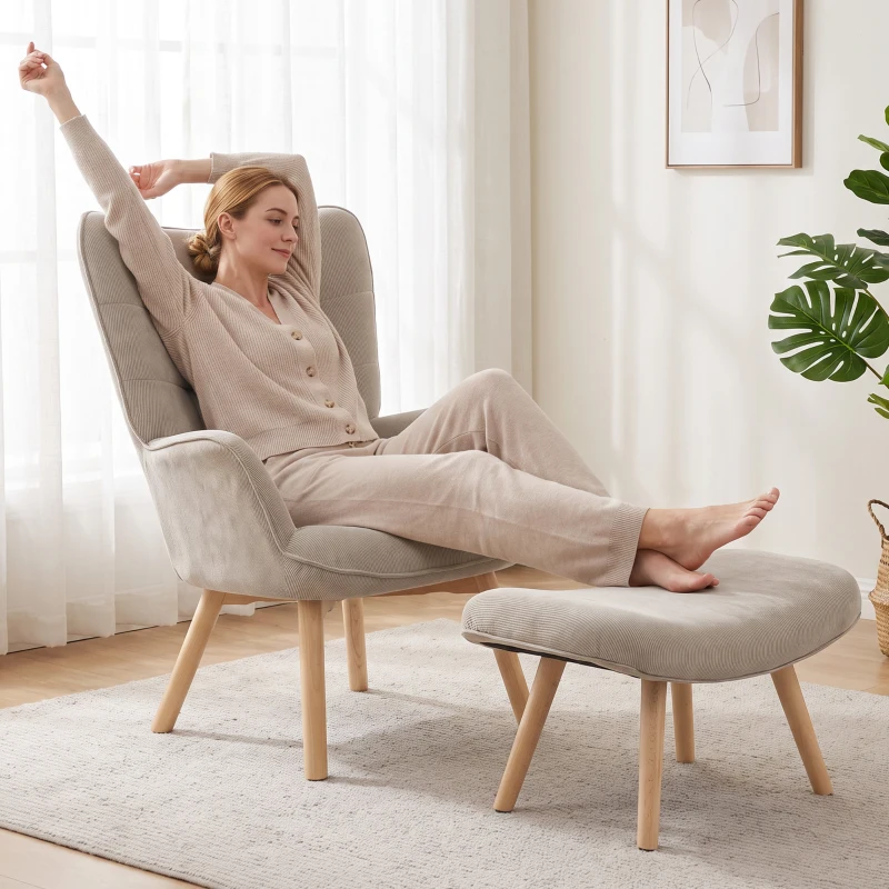HOMCOM Fotel Relaksacyjny Zestaw z Podnóżkiem Skandynawski Design Drewno Bukowe Szary