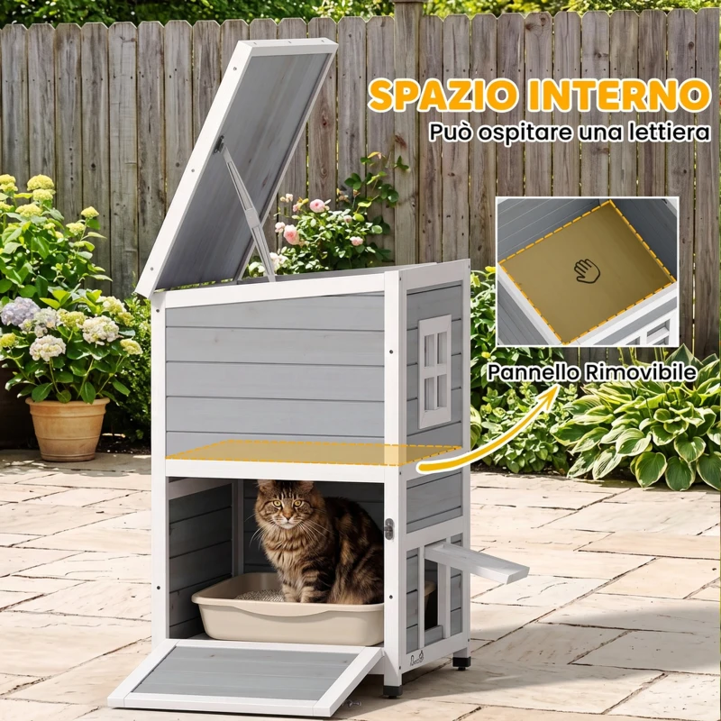 PawHut Cuccia per Gatti in Legno Impermeabile a 2 Piani, Casetta per Animali da Esterno con Tetto Apribile