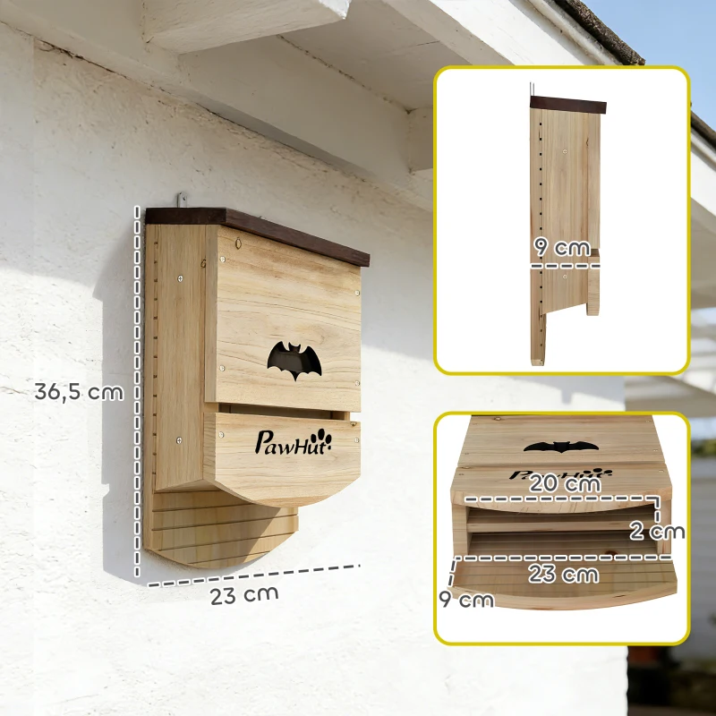 PawHut Pack de 3 Casas para Murciélagos de Madera con 2 Cámaras Plataforma de Aterrizaje Resistente a la Intemperie Natural