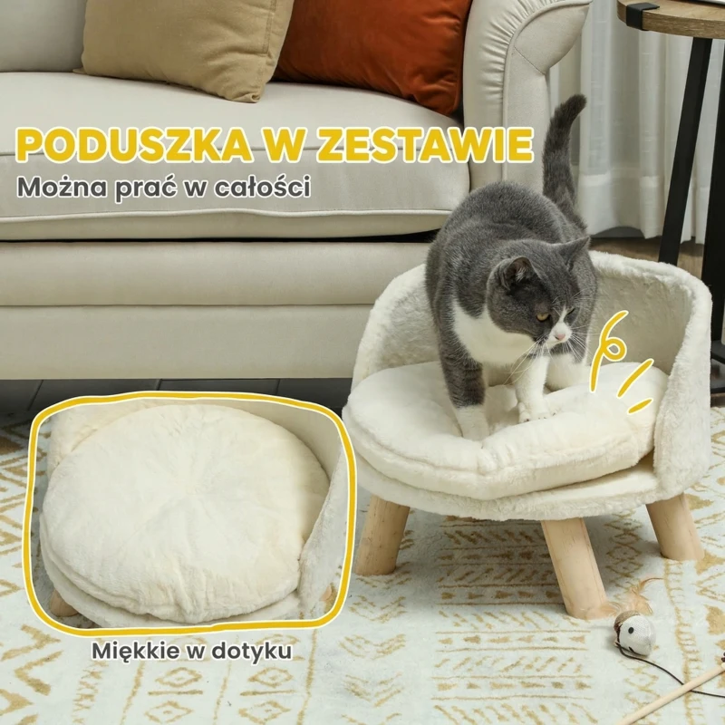 PawHut Sofa dla psa z poduszką, drewniane nogi, zmywalne podwyższone łóżko dla zwierząt, sofa dla kotów i miniaturowych psów, 40,5 x 40,5 x 33 cm, kremowa