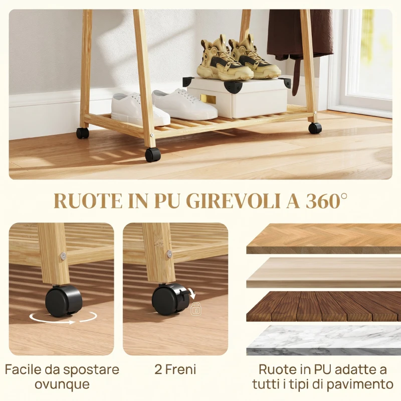 HOMCOM Appendiabiti in Bambù con Ripiano per Scarpe, 2 Ganci, Appendiabiti Mobile per Ingresso, Soggiorno, Naturale