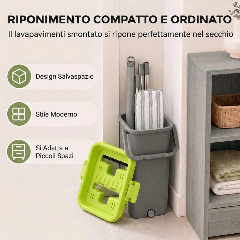 HOMCOM Set Mocio Lavapavimenti e Secchio a 2 Scomparti con Strizzatore, 5 Panni Ricambio in Microfibra, Grigio Scuro