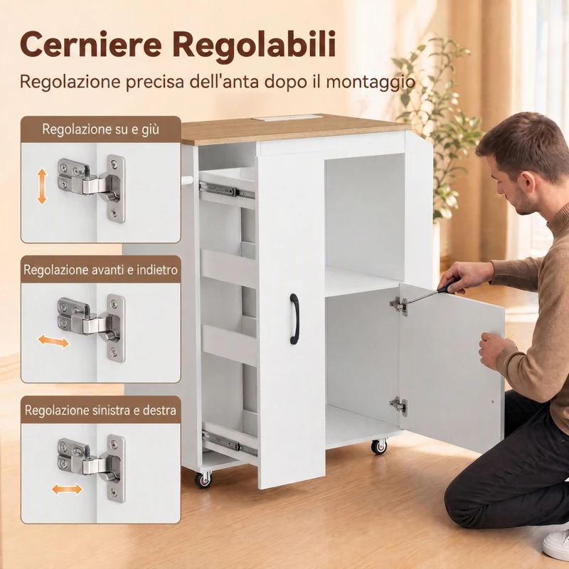 HOMCOM Carrello Cucina con Ruote, Isola Cucina con Presa di Corrente, Organizer Estraibile, 80x40x88 cm, Bianco