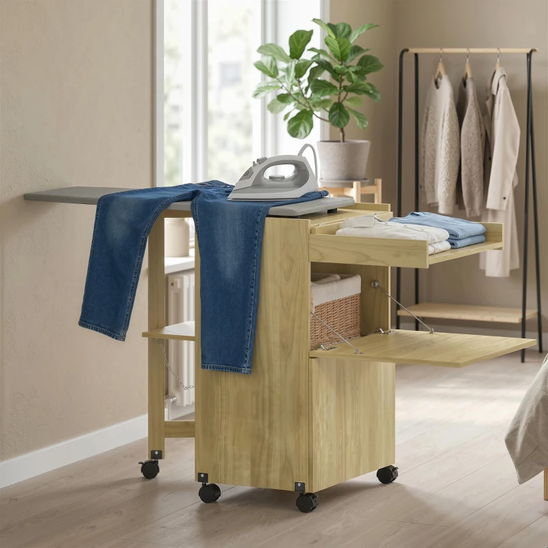 HOMCOM Armadio Asse da Stiro Pieghevole con Porta Ferro e Indumenti con Vano Aperto,154x55x87 cm, Legno Naturale