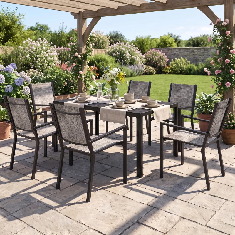 Outsunny Table de jardin extérieure avec 6 chaises empilables, plateau à lattes 150 cm, structure en acier anti-rouille, noir