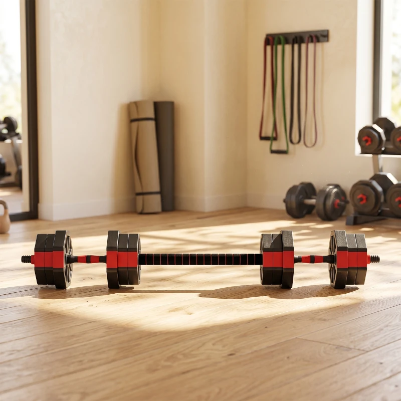 SPORTNOW Set Pesi da Palestra 6 in 1 da 20kg Totali in Plastica e Sabbia, Bilanciere e Supporto per Flessioni, Rosso