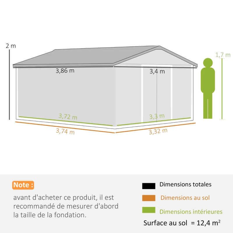 Outsunny Abri de Jardin 12,4 m², Kit de Fondation, Portes Coulissantes, Ventilations, Acier Galvanisé, 386x340x200cm, Gris Foncé