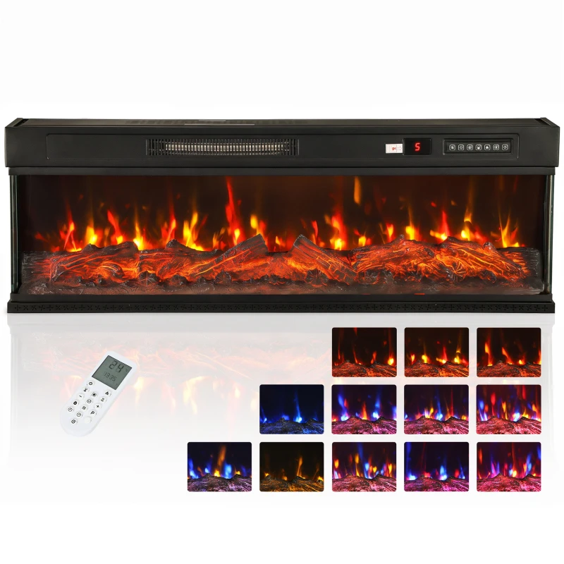 HOMCOM Lareira Elétrica de Encastrar ou Independente 750/1500W, 3 Lados, 12 Cores de Chama 3D, Termóstato, Telecomando, Preta