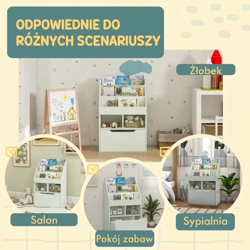 HOMCOM Dziecięcy regał z szufladą, regał na książki z przegrodami, 60 x 29,9 x 90 cm, zielony