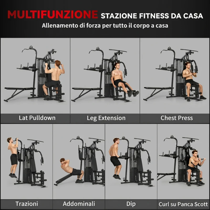SPORTNOW Palestra Multifunzione, Stazione Fitness Multifunzione con Sistema a Pulegge, Pacco Pesi da 69 kg, Nero