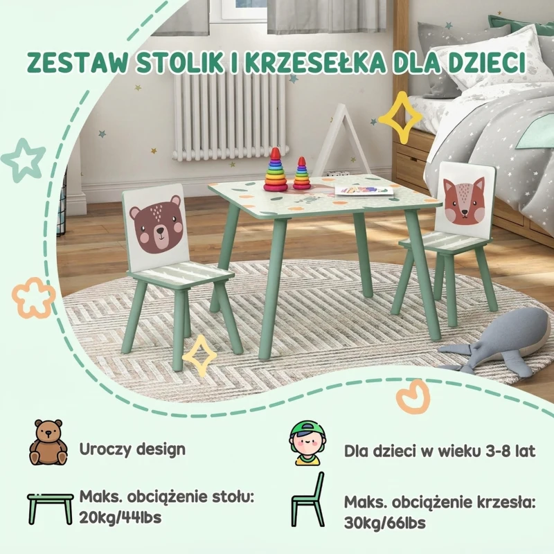 ZONEKIZ Zestaw mebli dla dzieci 3-8 lat, stół i 2 krzesła, zielony