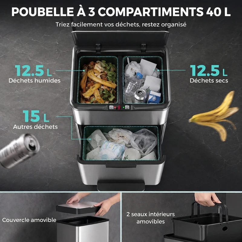 HOMCOM Poubelle de Cuisine Automatique 40 L en Inox, 3 Compartiments, Seaux Intérieurs Amovibles, Fermeture douce, Argenté