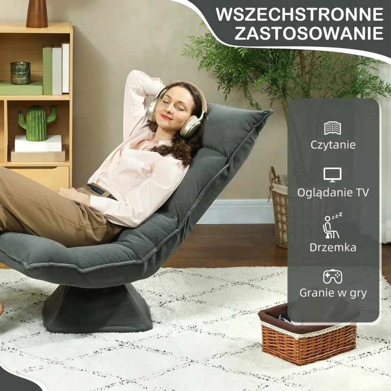 HOMCOM Krzesło podłogowe obrotowe 360° z 5-stopniową regulacją oparcia, składana sofa medytacyjna, tapicerowane leniwe sofa do salonu, gier i czytania, ciemnoszare