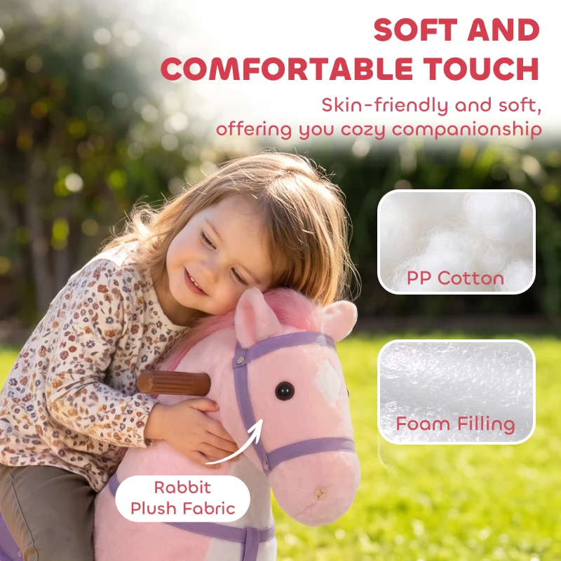 AIYAPLAY Rocking Horse, Plush Ride On Horse with Hoof Sounds, Music, Rolling Wheels and Pedal for 3-7 Years, Up to 50kg, Pink