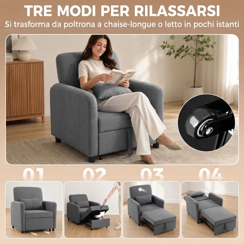 HOMCOM Poltrona Letto 3 in 1 Estraibile, Reclinabile in Tessuto Effetto Lino con Schienale Regolabile e Cuscino
