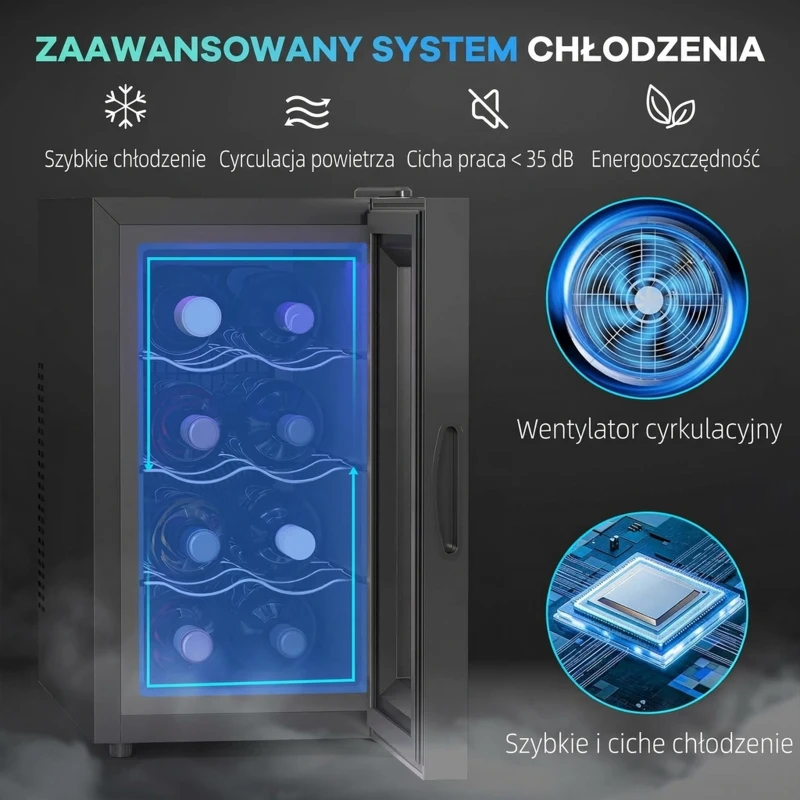 HOMCOM Chłodziarka do wina na 8 butelek, 21 l, termoelektryczna, regulowane półki, oświetlenie LED, czarna