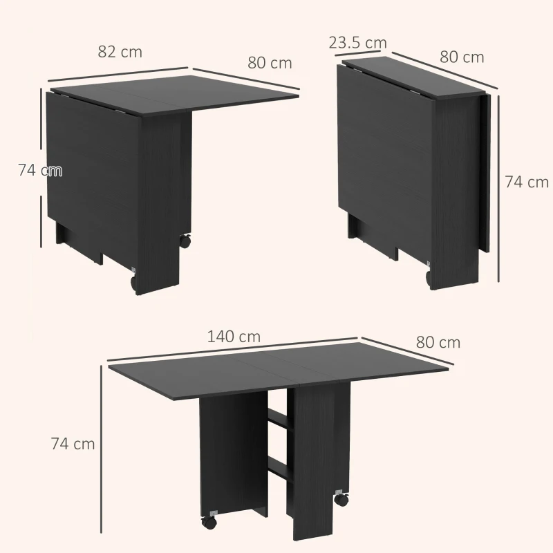 HOMCOM Masă pliabilă compactă cu 2 extensii pentru 6 persoane, cu rafturi și roți, negru(m-3)