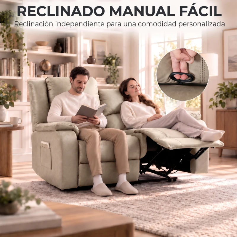 HOMCOM Sillón 2 Plazas Relax Reclinable Manual Ajuste Separado hasta 155º Sillón Relax de PU Reposapiés y Asiento Amplio Caqui