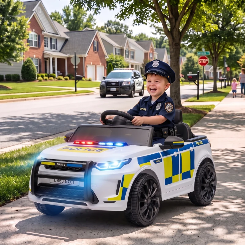AIYAPLAY Auto elettrica della polizia 12 V per bambini con telecomando, sirena e luci, bianco