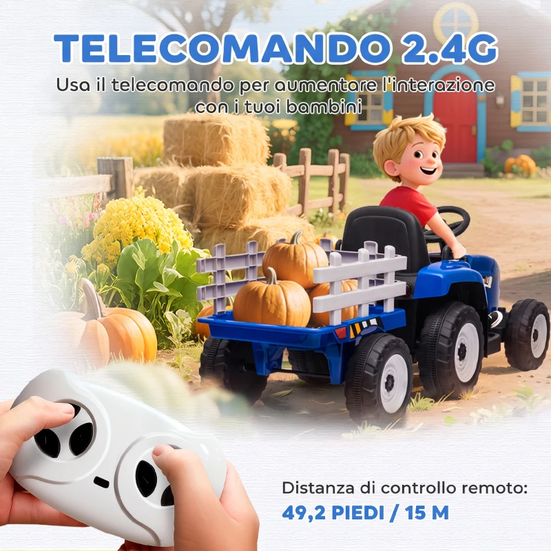 HOMCOM Trattore Elettrico per Bambini con Rimorchio Rimovibile, Telecomando, Porta USB, Musica e Luci, Età 3-6 Anni, Blu