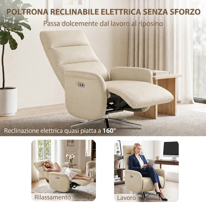 HOMCOM Poltrona Relax Elettrica Reclinabile 160° Girevole con Poggiapiedi, Presa USB e Type-C, in Pelle PU, Beige