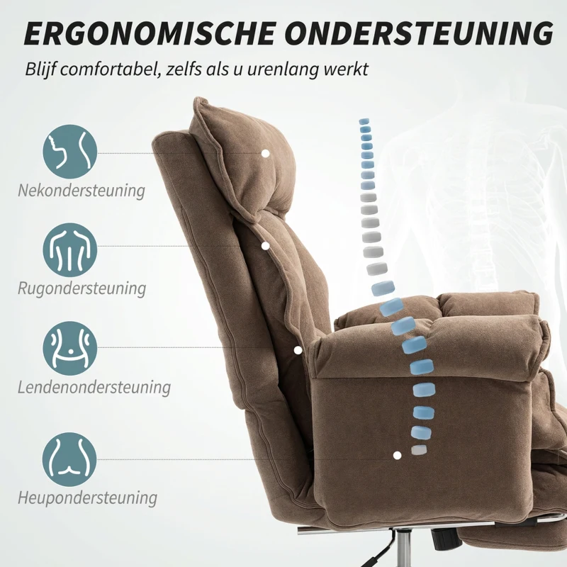 HOMCOM Ergonomische Bureaustoel met Verstelbare Rugleuning en Voetensteun, Zacht Stof, Lichtbruin(m-5)