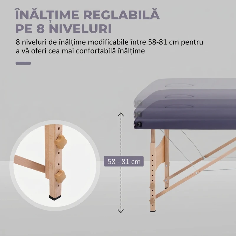 HOMCOM Masă de Masaj Portabilă cu Înălțime Reglabilă, Pernă, Mâner și Geantă, 186x60x61-87 cm, Violet