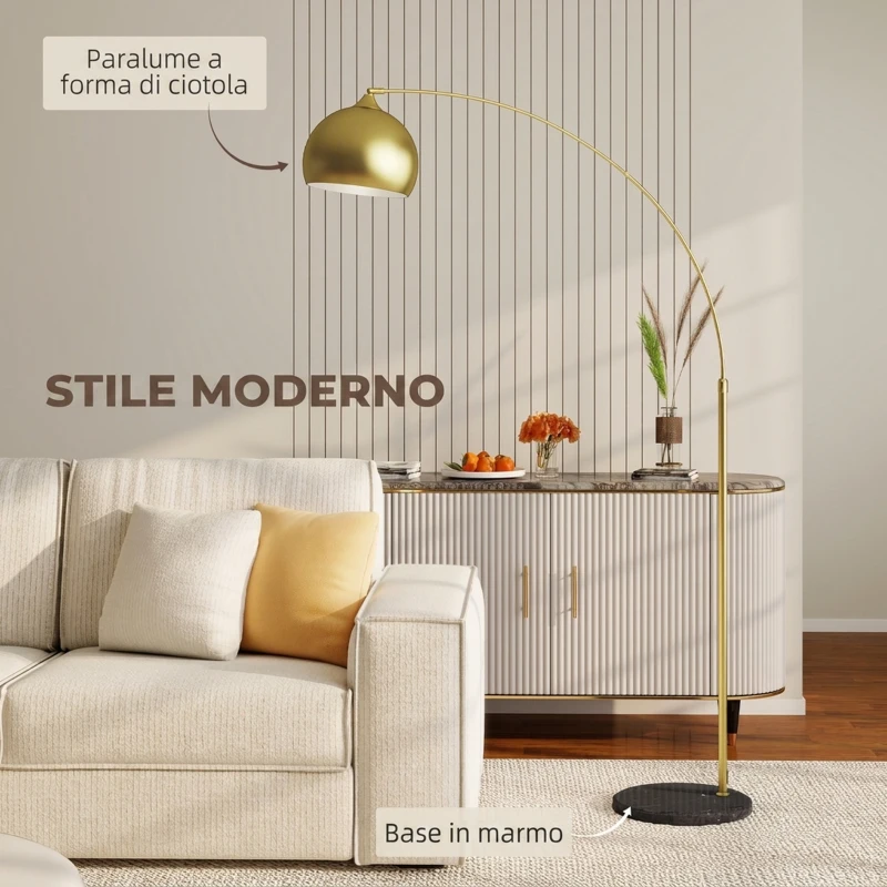 HOMCOM Lampada da Terra ad Arco Moderna 40W E27, Asta Regolabile in Altezza, Paralume in Metallo, Oro
