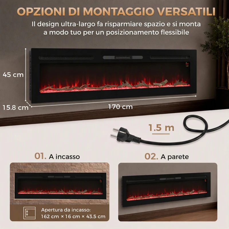 HOMCOM Camino Elettrico da 170 cm a Incasso o a Parete, 1500W, Timer 24 Ore, Fiamma Regolabile, Cristalli