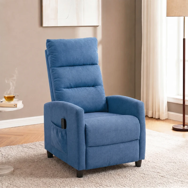 HOMCOM Poltrona Massaggiante e Reclinabile a 160° con Poggiapiedi e Telecomando, 66x91x108 cm, in Ciniglia Blu Scuro