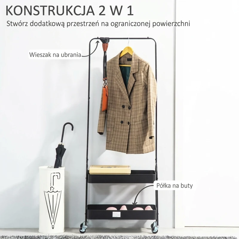 Wieszak na ubrania na kółkach, czarny, z drążkiem