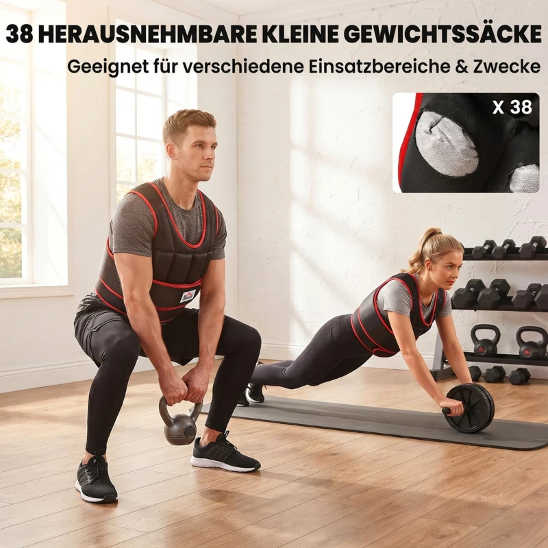 HOMCOM 20 kg Gewichtsweste Trainingsweste mit doppelten Gurten verstellbar Krafttraining Fitness Oxford Metall-Sand Schwarz+Rot 60 x 50 cm