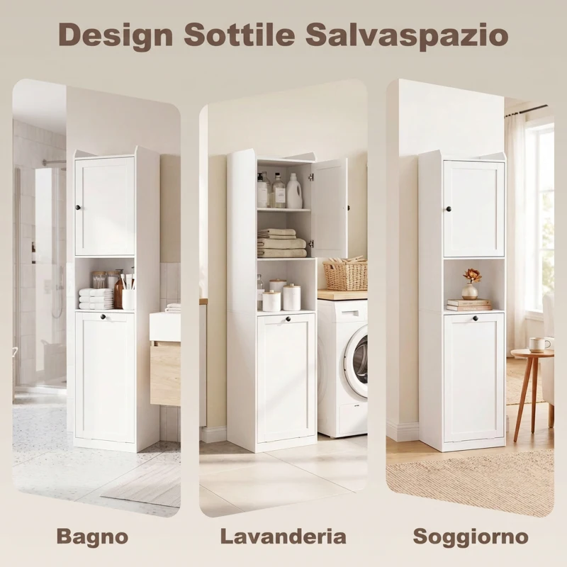 HOMCOM Colonna Bagno Slim con Cesto Portabiancheria Ribaltabile, 40x40x170 cm, Bianco