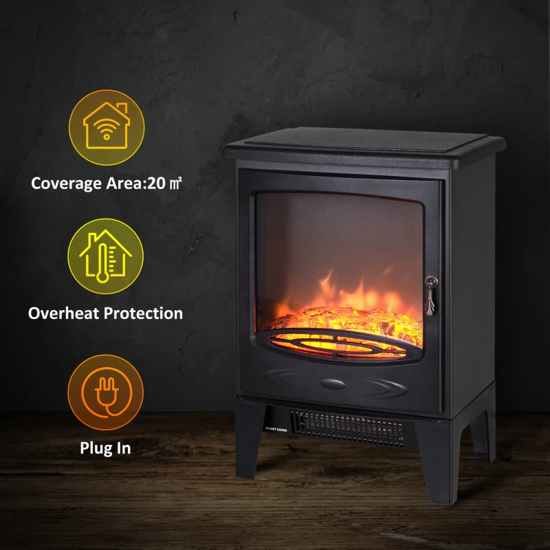 HOMCOM Electric Fireplace Stove, Freestanding Log Burner, 1000W/2000W, Portable Electric Fire Fan Heater with LED Flame Effect, Adjustable Thermostat, Glass, Overheat Protection, Black