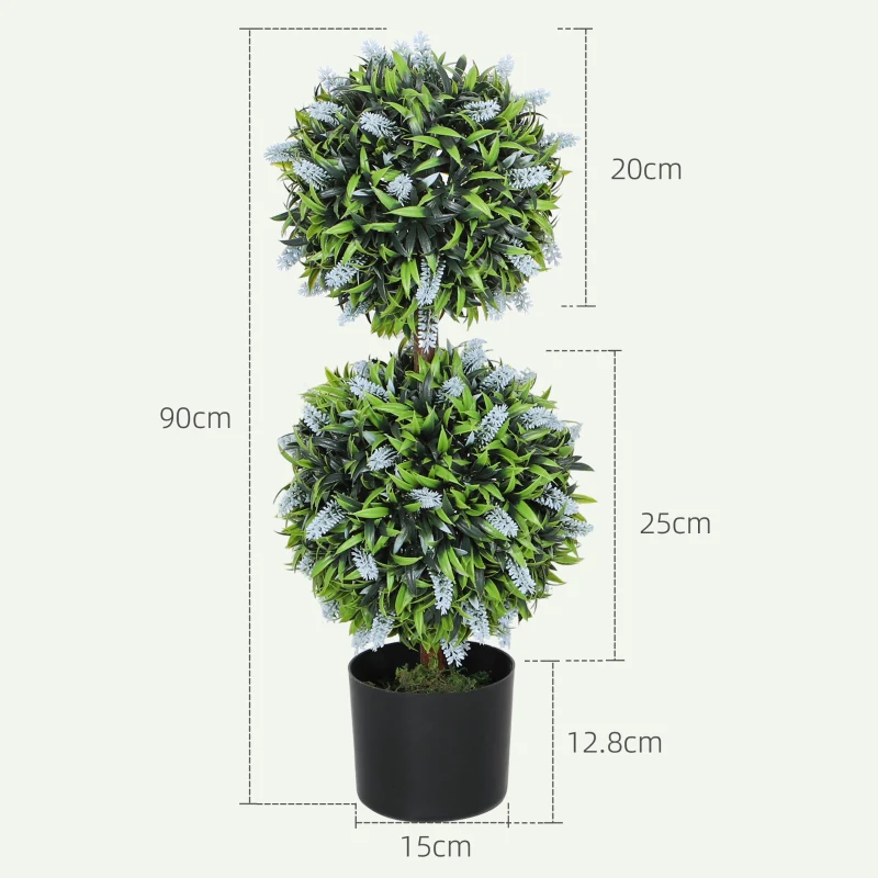 HOMCOM Set of 2 Artificial Plants, Lavender Flowers Ball Trees with Pot, for Home Indoor Outdoor Decor, 70cm