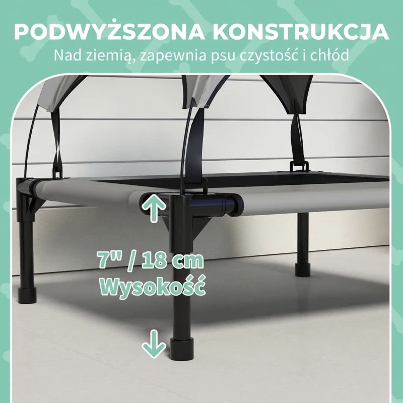 Podwyższone legowisko dla psa z daszkiem, na zewnątrz