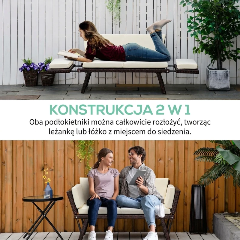 Outsunny 2-osobowa sofa ogrodowa z technorattanu, meble ogrodowe, sofa wypoczynkowa, ławka ogrodowa, leżak ogrodowy, składane podłokietniki, stal, brązowy, 129 x 63 x 67 cm