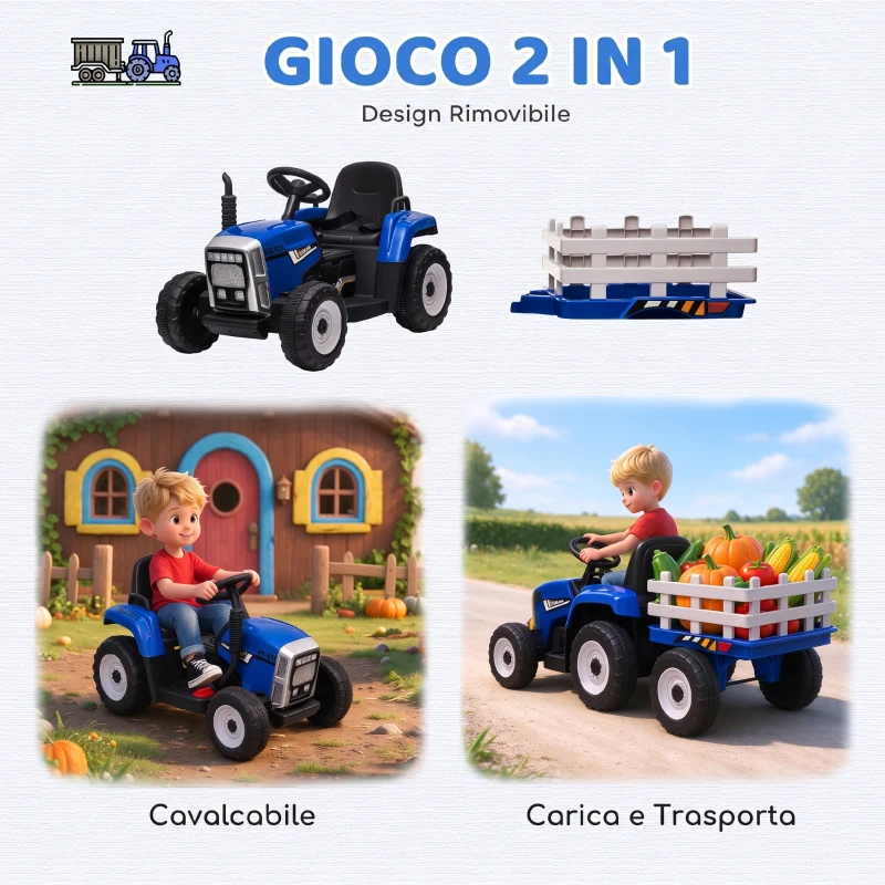 HOMCOM Trattore Elettrico per Bambini con Rimorchio Rimovibile, Telecomando, Porta USB, Musica e Luci, Età 3-6 Anni, Blu