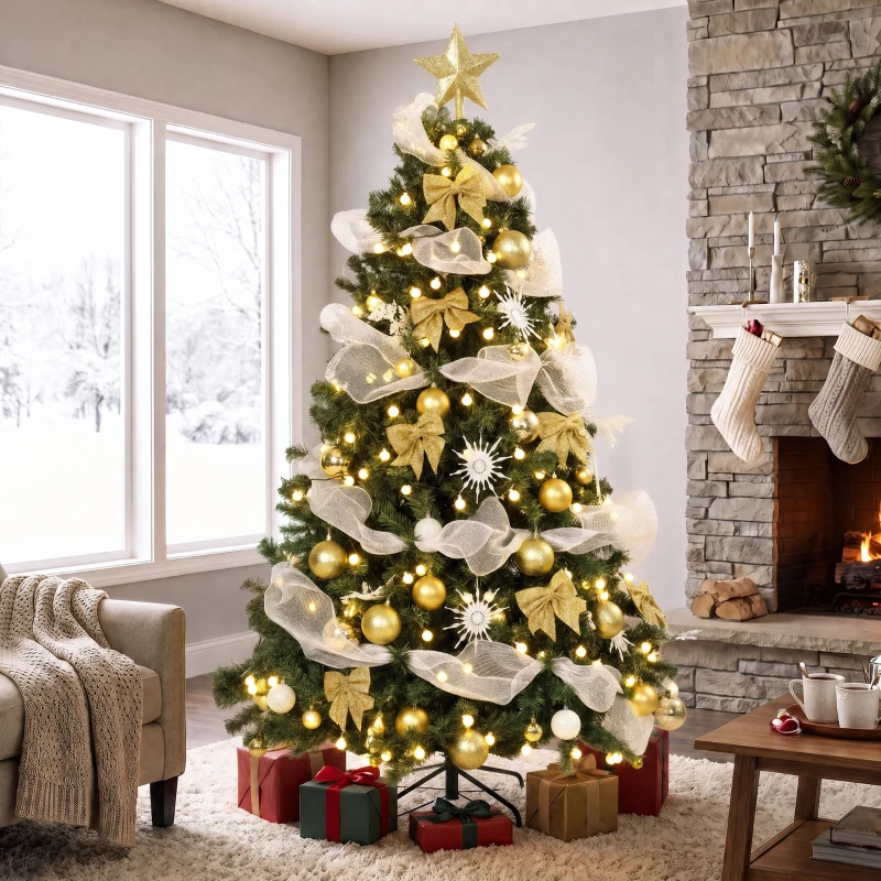 HOMCOM Albero di Natale 180cm con 200 Luci LED Bianco Caldo, 8 Modalità, 800 Rami Ignifughi, Palline, Nastri, Fiocchi