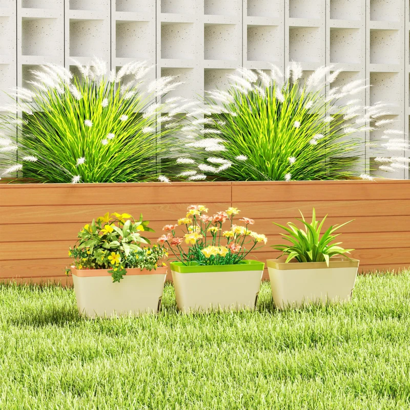 Outsunny Set of 3 Self Watering Plant Pots Outdoor, 27cm Rectangular Garden Planters with Visual Water Level Window, Plastic Flower Pots for Indoor Outdoor Garden Balcony