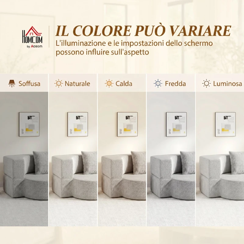 HOMCOM 2 in 1 Divano Letto 2 Posti con 2 Cuscini Sfoderabili, Braccioli, Seduta Imbottita, in Ciniglia, Grigio Chiaro