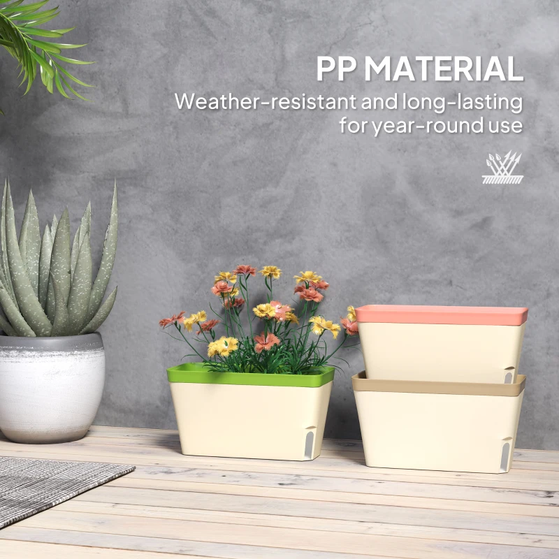 Outsunny Set of 3 Self Watering Plant Pots Outdoor, 27cm Rectangular Garden Planters with Visual Water Level Window, Plastic Flower Pots for Indoor Outdoor Garden Balcony