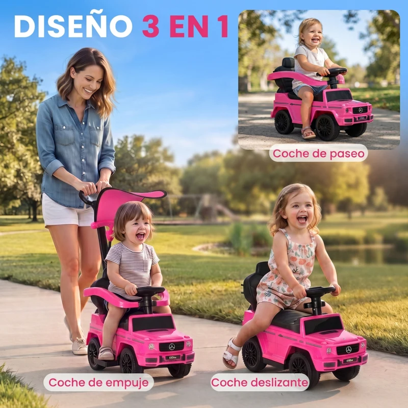 HOMCOM Coche Correpasillos para Niños de 1-3 Años con Licencia Mercedes G350 Capota Extraíble y Barandilla 85,5x40,5x95 cm Rosa