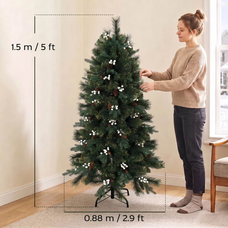 HOMCOM 5ft Artificial Christmas Tree, Fir Hinged Xmas Tree with 490 Branch Tips, Foldable Metal Stand, Easy Assembly, Green