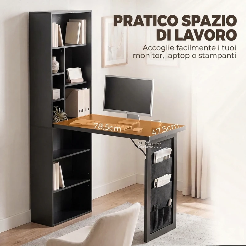 HOMCOM Scrivania con Libreria e Borsa Laterale in Tessuto, Tavolo da Lavoro per Studio Ufficio, 98x51x153 cm, Nero