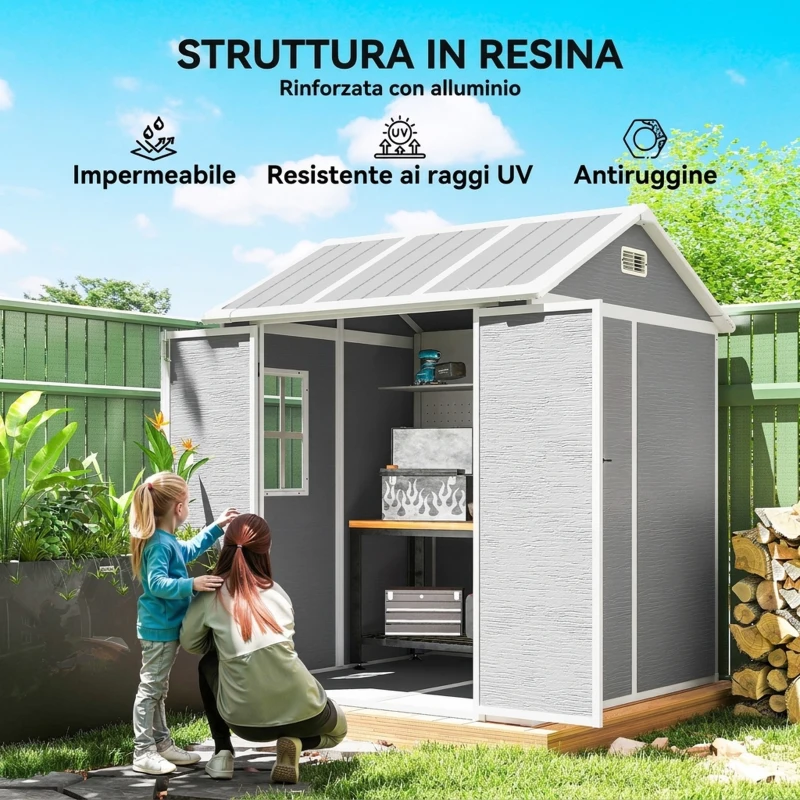 Outsunny Casetta da Giardino in Resina con Pavimento, 2 Porte con Blocco, Finestra, 1.8x1.8m, Grigio