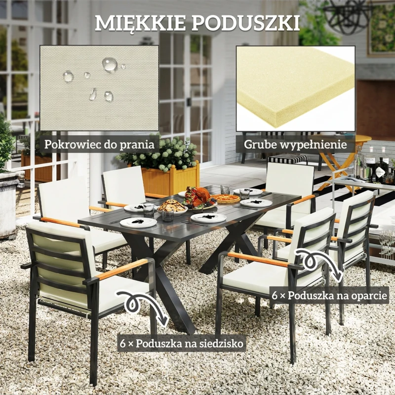 Outsunny Zestaw Mebli Ogrodowych dla 6 Osób, 6 Krzeseł, 1 Stół, Wodoodporny, 175 cm x 92,5 cm x 73 cm, Czarny + Szary