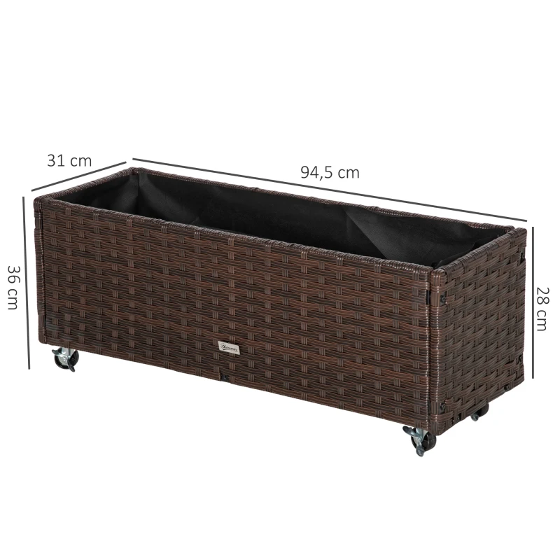 Outsunny podwyższona grządka z technorattanu na kółkach skrzynka na rośliny z otworami odpływowymi skrzynka na kwiaty donica kawowy brąz 94,5 x 31 x 36 cm