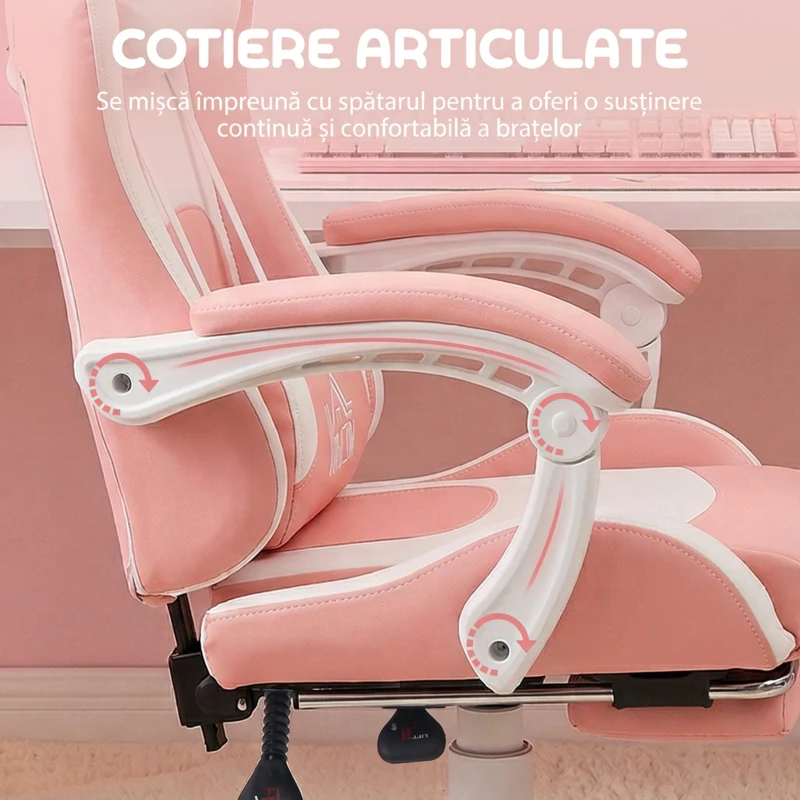 HOMCOM Scaun de Gaming Ergonomic cu Urechi de Pisică, Suport pentru Picioare, Suport Lombar și pentru Gât, Roz