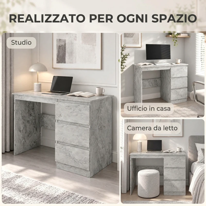 HOMCOM Scrivania Ufficio con 3 Cassetti 100x50 cm, Scrivania Salvaspazio per Studio Casa Ufficio, Grigio Effetto Marmo